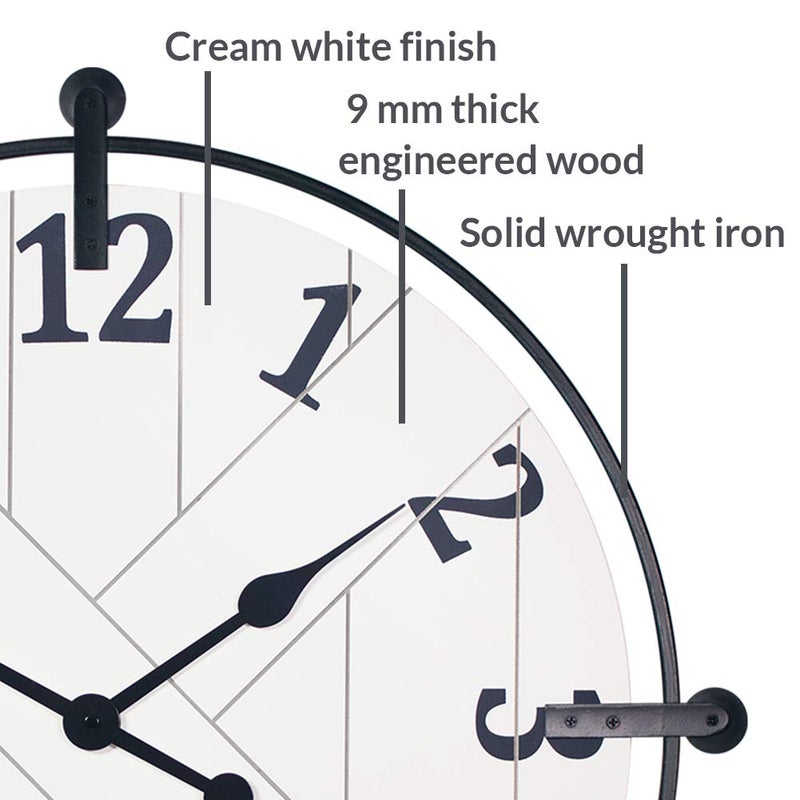 Presentime & Co Farmhouse Series Barn Door Clock, 24 inch, Silent No Ticking, Solid Wrought Iron with Shiplap Design, Elegant Cream White - Image 2